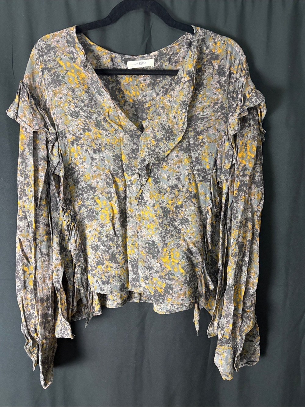 Lightweight Floral Ruffle V-Neck Blouse - Gray & Yellow